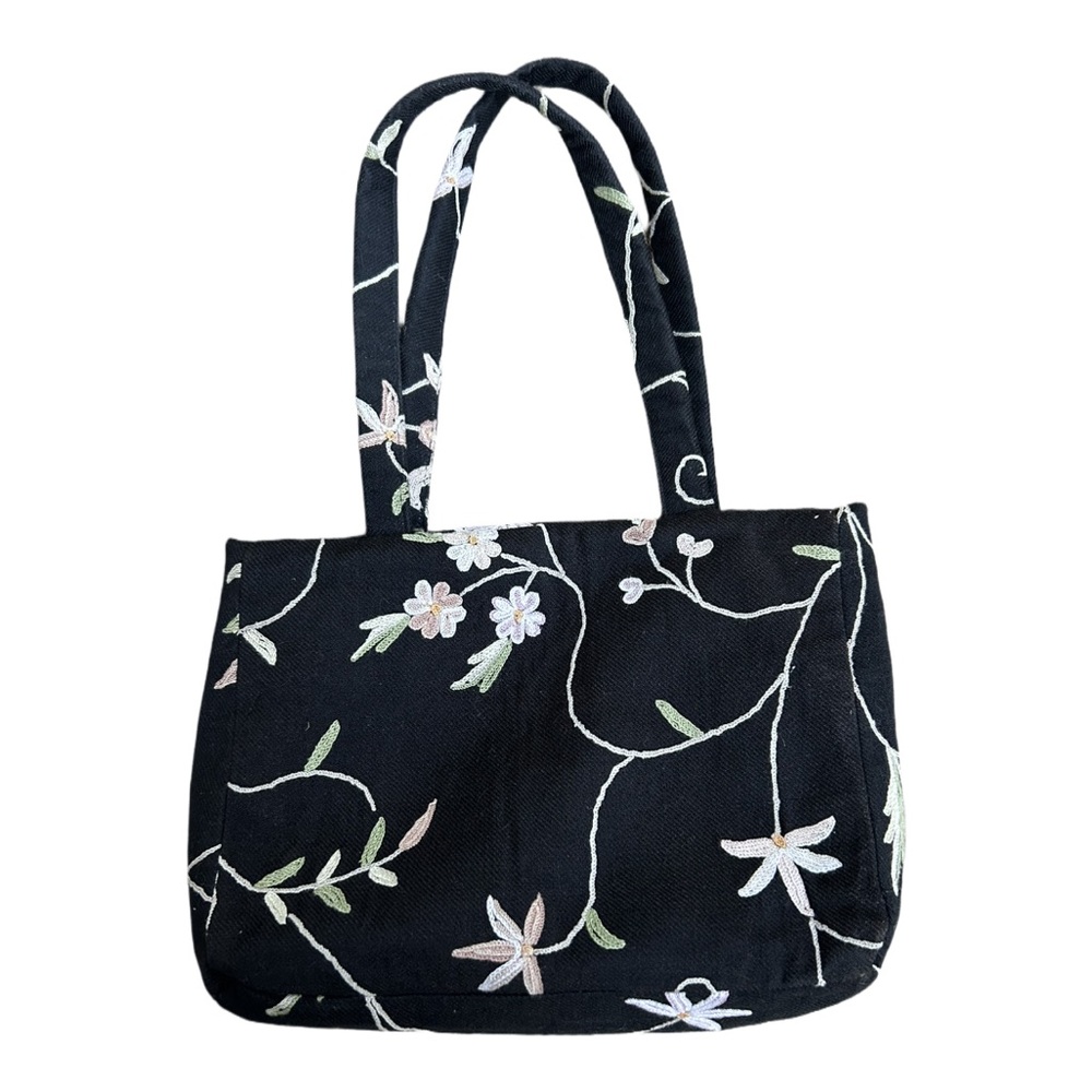 Floral Embroidered Black Tote Bag